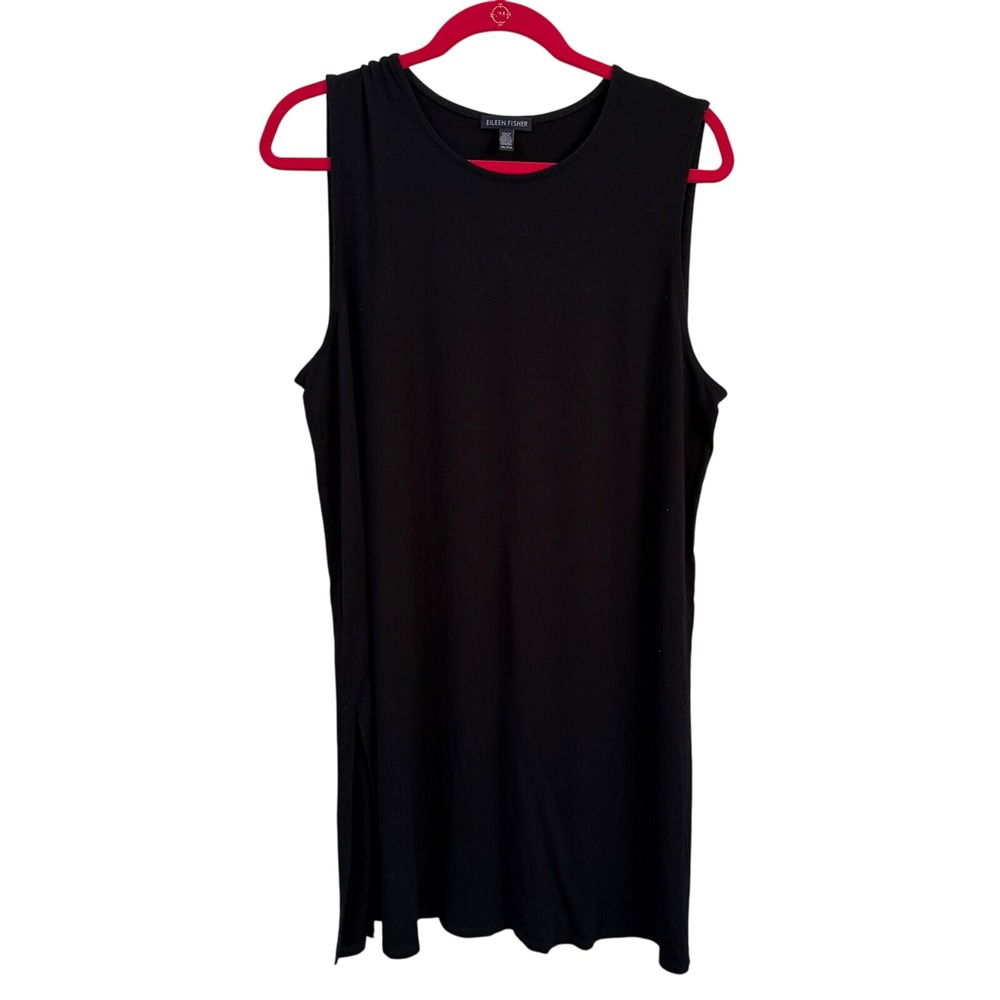 Eileen Fisher Midi Dress XL Black Sleeveless Viscose Spandex Minimalist Preppy‎